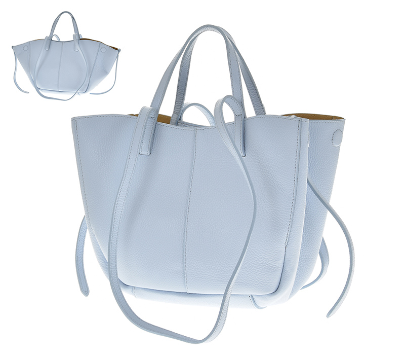 Torebka damska shopper w kolorze baby blue, niebieska z magnesami po bokach - skóra naturalna, Laura Biaggi